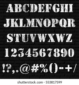 Grunge Full Alphabet And Numbers Isolated On Brick Wall Background. Stamp Stencil Letters. Vector Font.