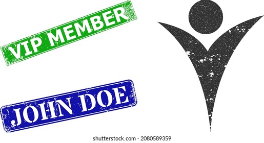 Grunge futuristic man icon and rectangular rubber Vip Member seal. Vector green Vip Member and blue John Doe imprints with scratched rubber texture, designed for futuristic man illustration.