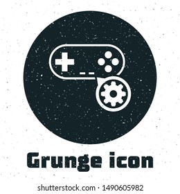 Grunge Gamepad and gear icon isolated on white background. Adjusting app, service concept, setting options, maintenance, repair, fixing.  Vector Illustration