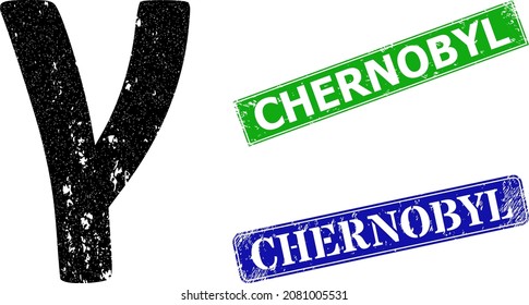 Grunge Gamma Greek lowercase symbol icon and rectangle unclean Chernobyl seal. Vector green Chernobyl and blue Chernobyl seals with grunge rubber texture,