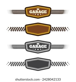 Grunge garage labels with tire tracks and checkered patterns. Repair and service logo and symbols