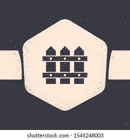 Grunge Garden fence wooden icon isolated on grey background. Monochrome vintage drawing. Vector Illustration