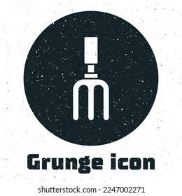 Grunge Garden rake icon isolated on white background. Tool for horticulture, agriculture, farming. Ground cultivator. Monochrome vintage drawing. Vector