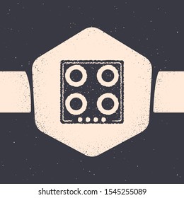 Grunge Gas stove icon isolated on grey background. Cooktop sign. Hob with four circle burners. Monochrome vintage drawing. Vector Illustration