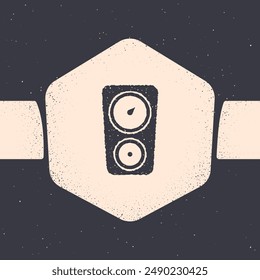 Grunge Gauge scale icon isolated on grey background. Satisfaction, temperature, manometer, risk, rating, performance, speed tachometer. Monochrome vintage drawing. Vector