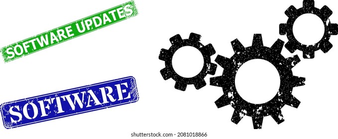 Grunge gear mechanism icon and rectangular corroded Software Updates stamp. Vector green Software Updates and blue Software imprints with grunge rubber texture,