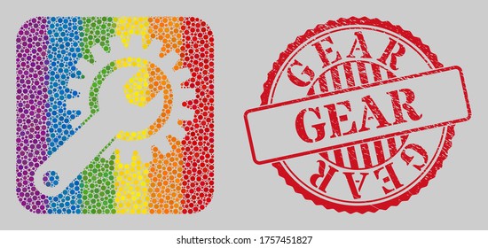 Grunge Gear stamp seal and mosaic repair gear stencil for LGBT. Dotted rounded rectangle mosaic is around repair gear hole. LGBT spectrum colors. Red rounded rubber seal stamp with Gear caption.