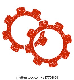 Grunge Gears icon with grunge design and dust texture. Unclean vector red pictogram for rubber seal stamp imitations and watermarks. Draft sign symbol.