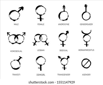 Grunge Gender icon set with different sexual symbols female, male, bisexual, agender, transgender. Mars and Venus signs