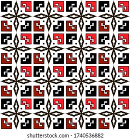 Grunge geometric abstract vector seamless pattern. Textured rough background. Ethnic tribal repeat backdrop. Colorful black white red dirty modern ornament. Folk traditional style symmetrical design.