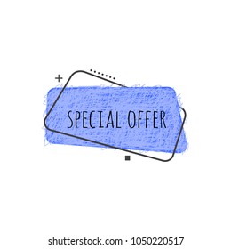 Grunge geometric badge with scratched effect isolated on white background - concept for promotion, special offer or sale sticker, advertise banner. Blue rectangular grunge label. Vector illustration.