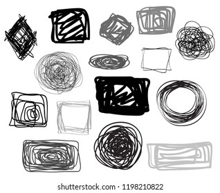 Grunge geometric frames on isolated background. Big set on white. Hand drawn simple tangled symbols. Doodles for design. Line art. Abstract circles, ovals and rectangle frames