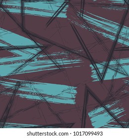 Grunge geometric pattern for girls, boys, fashion textile, sport clothes. Urban modern design with curved squares, shape, spray paint elements. Chaotic guys repeated backdrop