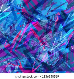 Grunge geometric pattern for girls, boys, fashion textile, sport clothes. Urban modern design with curved squares, shape, spray paint elements. Chaotic guys repeated backdrop