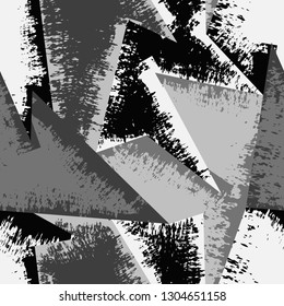 Grunge geometric pattern for girls, boys, fashion textile, sport clothes. Urban modern design with curved squares, shape, spray paint elements. Chaotic guys repeated backdrop