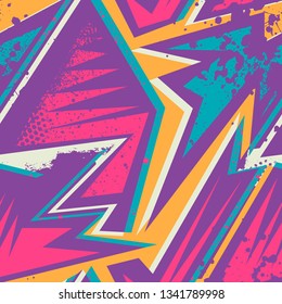Grunge geometric pattern for girls, boys, fashion textile, sport clothes. Urban modern design with curved shapes, spray paint elements. 