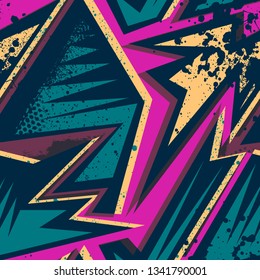 Grunge geometric pattern for girls, boys, fashion textile, sport clothes. Urban modern design with curved shapes, spray paint elements. 