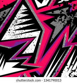 Grunge geometric pattern for girls, boys, fashion textile, sport clothes. Urban modern design with curved shapes, spray paint elements. Chaotic guys repeated backdrop