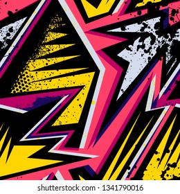 Grunge geometric pattern for girls, boys, fashion textile, sport clothes. Urban modern design with curved shapes, spray paint elements. 