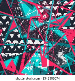 Grunge geometric pattern for girls, boys, fashion textile, sport clothes. Urban modern design with curved shapes, spray paint elements. Chaotic guys repeated backdrop 