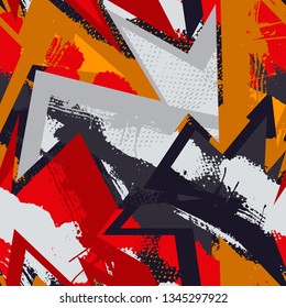 Grunge geometric pattern for girls, boys, fashion textile, sport clothes. Urban modern design with curved squares, shape, spray paint elements. Chaotic guys repeated backdrop