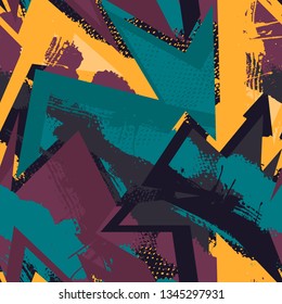 Grunge geometric pattern for girls, boys, fashion textile, sport clothes. Urban modern design with curved squares, shape, spray paint elements. Chaotic guys repeated backdrop