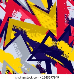 Grunge geometric pattern for girls, boys, fashion textile, sport clothes. Urban modern design with curved squares, shape, spray paint elements. Chaotic guys repeated backdrop