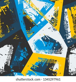 Grunge geometric pattern for girls, boys, fashion textile, sport clothes. Urban modern design with curved squares, shape, spray paint elements. Chaotic guys repeated backdrop