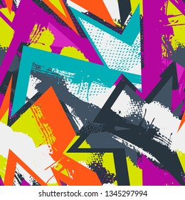 Grunge geometric pattern for girls, boys, fashion textile, sport clothes. Urban modern design with curved squares, shape, spray paint elements. Chaotic guys repeated backdrop
