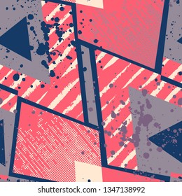 Grunge geometric pattern for girls, boys, fashion textile, sport clothes. Urban modern design with curved shape, spray paint elements. Chaotic guys repeated backdrop 