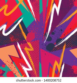 Grunge geometric pattern for girls, boys, fashion textile, sport clothes. Urban modern design with curved shapes, spray paint elements. Chaotic guys repeated backdrop