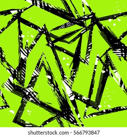 Grunge geometric pattern for girls, boys, fashion textile, sport clothes. Urban modern design with curved triangles, shape, spray paint. Chaotic guys repeated backdrop  in contrast green, black colors