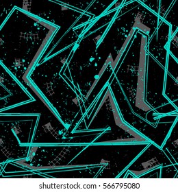 Grunge geometric pattern for girls, boys, fashion textile, sport clothes. Urban modern design with curved squares, shape, spray paint elements. Chaotic guys repeated backdrop 