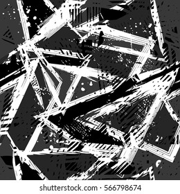 Grunge geometric pattern for girls, boys, fashion textile, sport clothes. Urban modern design with curved squares, shape, spray paint elements. Chaotic guys repeated monochrome backdrop 
