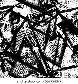 Grunge geometric pattern for girls, boys, fashion textile, sport clothes. Urban modern design with curved squares, shape, spray paint elements. Chaotic guys repeated backdrop 