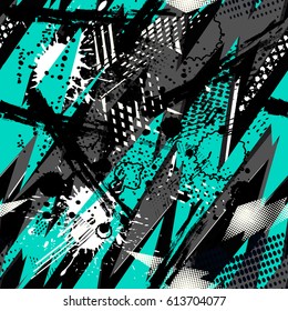 Grunge geometric pattern for girls, boys, fashion textile, sport clothes. Urban modern design with curved squares, shape, spray paint elements. Chaotic guys repeated backdrop
