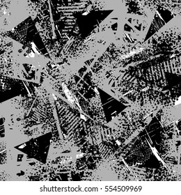 Grunge geometric pattern for girls, fashion textile, paper. Urban modern design with triangles, shape elements. Chaotic repeated backdrop in bright colors. Monochrome grey textured background