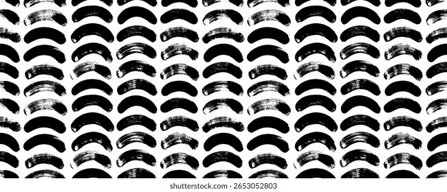 Grunge geometric seamless pattern with brush drawn arches. Black and white vector abstract bg. Primitive geometric curved forms with dry brush texture. Graphic wrapping paper or wallpaper.