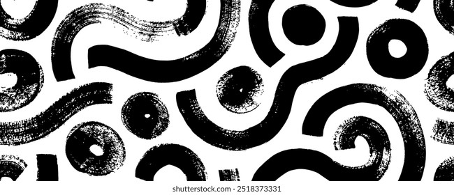 Grunge geometric seamless pattern with rough bold curved brush strokes and circles. Hand drawn vector squiggle lines, doodle thick shapes, rough edges geometric elements. Organic background.