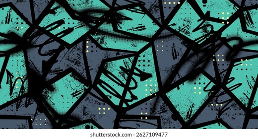 Grunge patrón geométrico sin fisuras con rayas texturizadas en mal estado. Fondo geométrico gruñón. Ilustración vectorial étnica. Adorno texturizado shabby, rayas