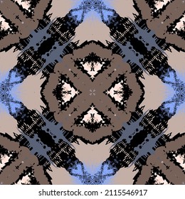 Grunge geometric seamless pattern. Textured ornamental abstract background. Repeat patterned vector backdrop. Trendy grungy ornaments. Brush strokes, geometrical shapes, lines. Endless vector texture.