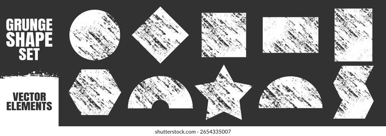 Grunge geometric shapes, textured vector design elements, abstract brush style figures including circle, square, diamond and star, distressed graphic set, image on transparent background.