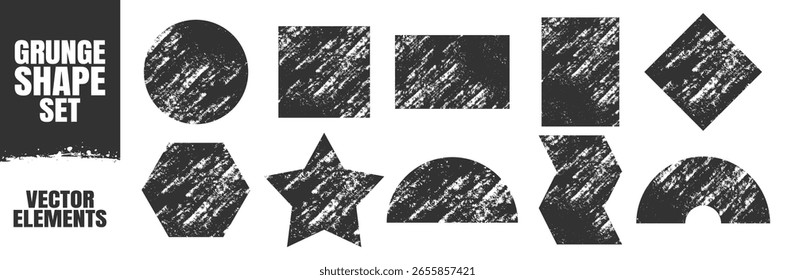 Formas geométricas grunge, Elementos de diseño de Vector texturizados, figuras de estilo de pincel abstracto que incluyen círculo, cuadrado, diamante y estrella, conjunto gráfico afligido, Imagen sobre fondo transparente.