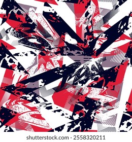 Grunge geometric vector seamless pattern with brush strokes, curved lines, stripes. Colorful background in grungy textured print for sport textile, clothes, wrapping paper. Chaotic ornament