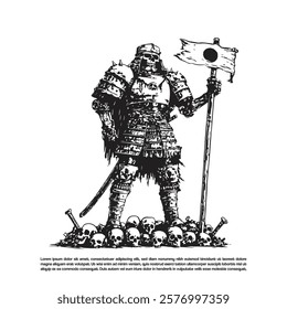 Grunge giant armored skeleton samurai standing on human skeleton skull holding a flag and sword illustration