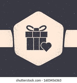 Grunge Gift box and heart icon isolated on grey background. Valentines day. Monochrome vintage drawing. Vector Illustration