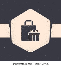 Grunge Gift box icon isolated on grey background. Monochrome vintage drawing. Vector Illustration