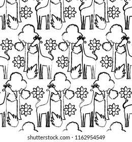 grunge giraffe with tree leaves and flower background