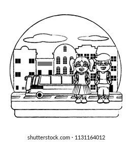 grunge girl and boy with school bus in the city