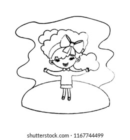 grunge girl child with curly short hair in the landscape